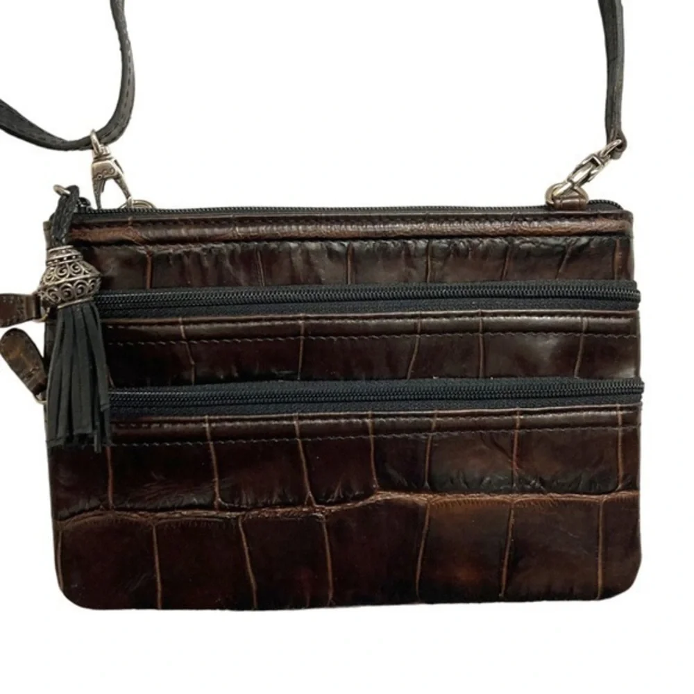 Brighton triple zipper brown embossed leather crossbody bag